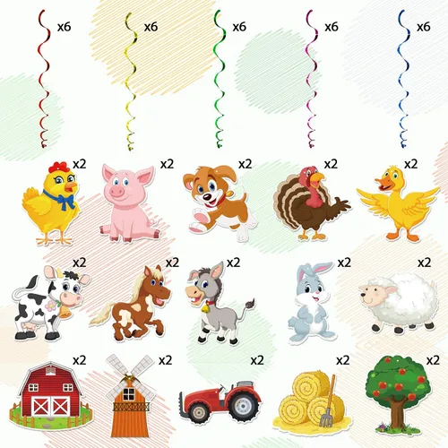 Vista 4 de Decoración de remolinos colgantes para fiestas de animales de granja, paquete de 30 pancartas colgantes de remolinos para decoración de animales