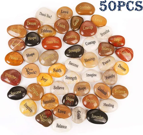 Vista 2 de ROCKIMPACT 50 piedras grabadas con diferentes palabras, piedras inspiradoras a granel, piedras de fe zen, piedras de gratitud, piedras de oración