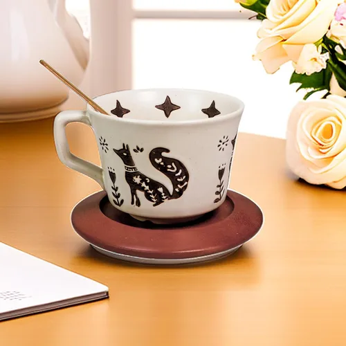 Vista 4 de Taza de café de cerámica vintage Taza de té de café de cerámica gruesa con platillo y cuchara de madera, taza de té y platillo de 12 onzas