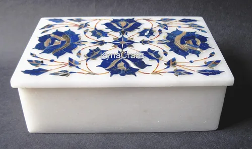 Vista 3 de Caja multiusos de mármol de 6 x 4 pulgadas con incrustaciones de piedra de lapislázuli y diseño floral