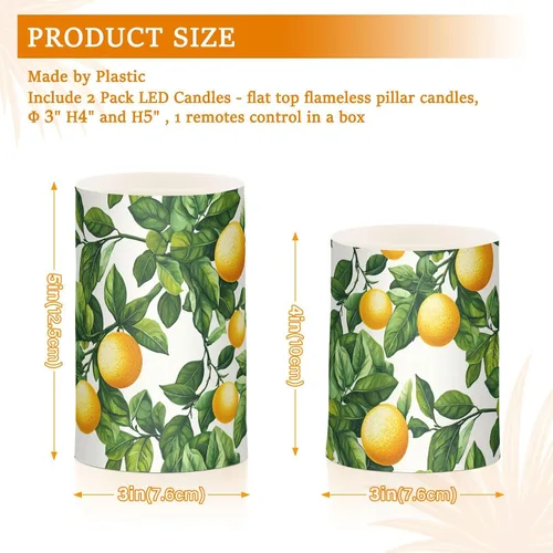 Vista 3 de Velas sin llama, funciona con pilas, acuarela, limones amarillos, parpadeantes, con control remoto, hojas verdes de verano, velas de luz cálida que