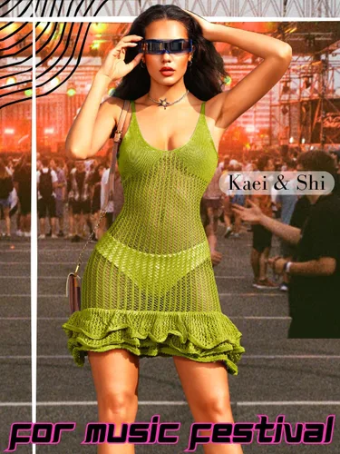 Vista 6 de Kaei&Shi Vestido corto con volantes para cubrir la playa, tejido de ganchillo