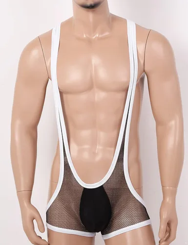 Vista 3 de ACSUSS Leotardo de malla de una pieza para hombre, con espalda en Y, con tirantes cruzados