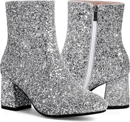 Vista 4 de MAVMAX Botines brillantes con lentejuelas para mujer, tacones gruesos, botines brillantes