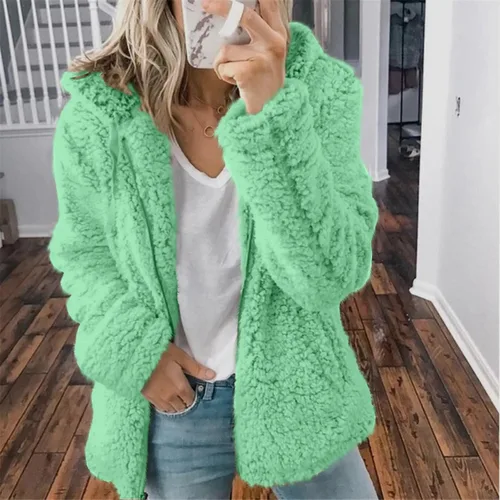 Vista 2 de Womens Coats Women's Fashion Solid Color Jacket Long Sleeve Zipper Hooded Plush Coat