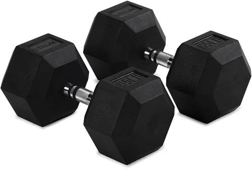 Vista 14 de Titan Fitness Pair Rubber Coated Hex Dumbbells, Roll-Resistant Hexagonal Free Weights, Chrome-Coated Handles with Knurling, Strength Training