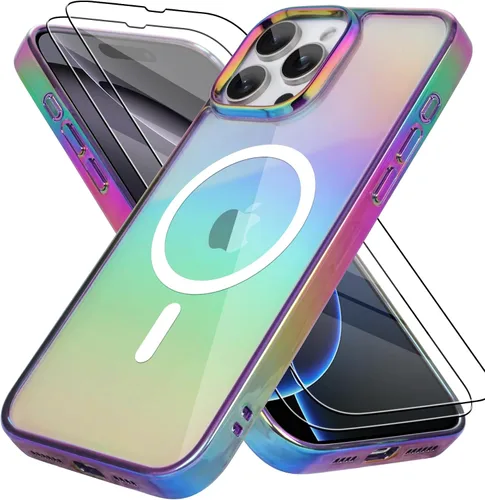 Vista 26 de Bonoma Funda magnética para iPhone 13 【Soporte para Magsafe】Protector de cámara de lujo de cristal fluorescente iridiscente con láser brillante + 2