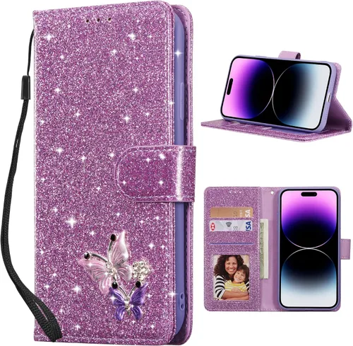 Vista 14 de UEEBAI Funda tipo cartera para iPhone 11, funda de piel sintética con purpurina para teléfono, ranuras para tarjetas, funda con función atril Negro