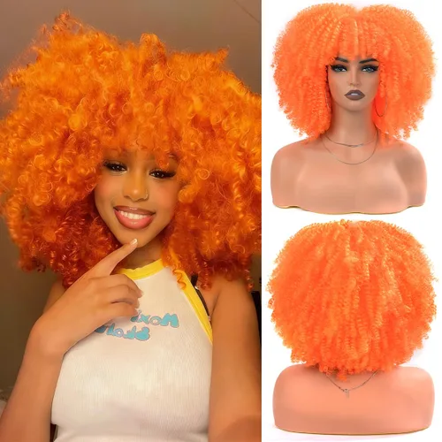 Vista 39 de Vitorish Peluca corta afro rizada con flequillo para mujeres negras, peluca sintética resistente al calor, color negro natural, para uso diario