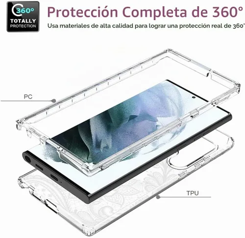 Vista 3 de Funda para Galaxy S22 Ultra 5G SM-S908U con protector de pantalla de vidrio templado, bonito patrón de mandala transparente, funda protectora