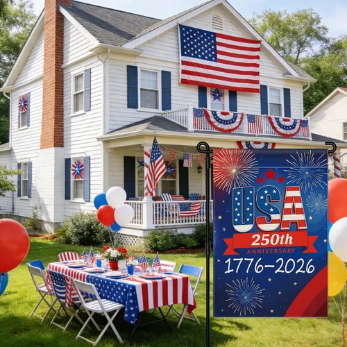 Vista 2 de Bandera de jardín con el 250 aniversario de Estados Unidos, bandera de Estados Unidos del 250 aniversario 1776-2026, bandera patriótica