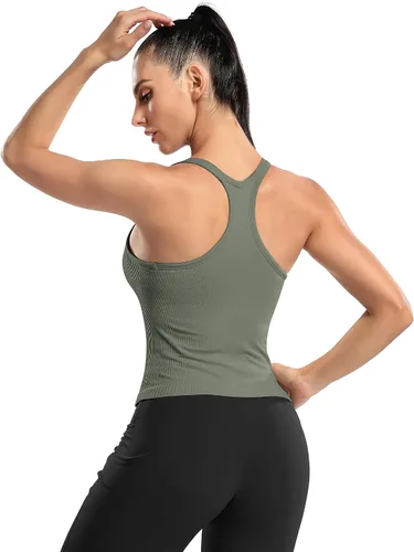 Vista 48 de ATTRACO Camiseta corta acanalada de entrenamiento para mujer con brasier integrado para yoga, espalda cruzada, ajuste ajustado