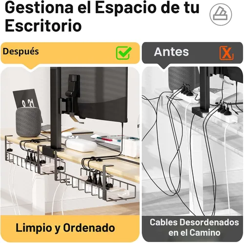 Vista 3 de Paquete de 2 bandejas de organización de cables debajo del escritorio, 31.4 pulgadas, organización de cables debajo del escritorio sin taladrar Negro
