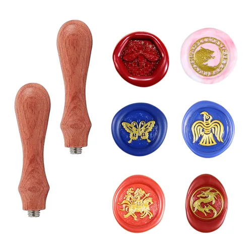 Vista 10 de Juego de 6 piezas de sello de cera de madera con cabeza de latón extraíble + 2 asas de madera + caja de cofre del tesoro de madera y cuero