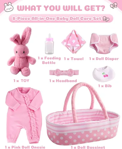 Vista 2 de BABESIDE Juego de accesorios para muñecas de bebé de 8 piezas con moisés