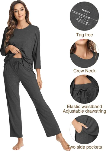 Vista 4 de NACHILA Conjunto de pijama de manga larga para mujer, pantalones largos suaves, pijamas de bambú con bolsillos, S-XL