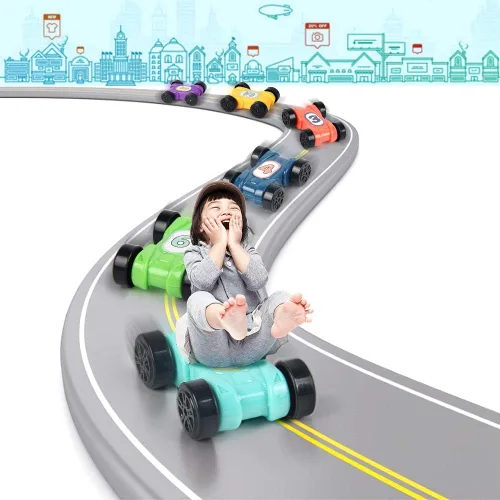 Vista 6 de Juguete deslizante para niños pequeños, pista de carreras con 6 rampas y 8 mini autos, juguetes de carreras de zig zag Slide regalos para niños