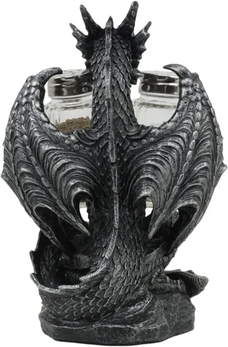 Vista 5 de Ebros Gift Juego de salero y pimentero gótico medieval, color negro, semimetálico, negro, estatua de 7.75 pulgadas de alto, figura de dragón