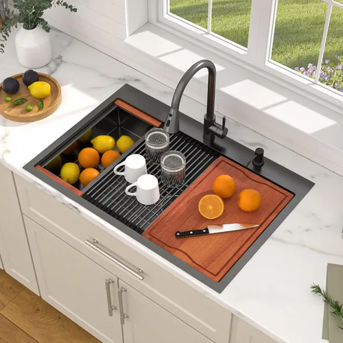 Vista 3 de Dcolora - Fregadero de cocina negro de 30 pulgadas, de montaje superior, con grifo, estación de trabajo de acero inoxidable, cuenco individual