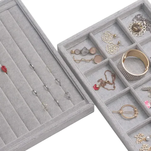 Vista 3 de DIOMMELL Paquete de 5 bandejas apilables de terciopelo para joyas caja de almacenamiento de joyería soporte de vitrina organizador de cajones
