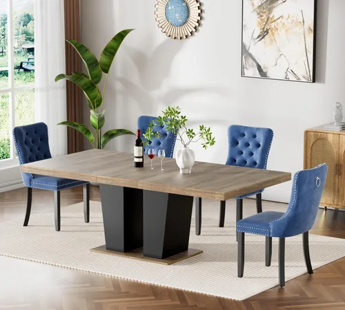 Vista 25 de Juego de mesa de comedor extensible de 63 a 79 pulgadas para 4, moderna mesa de cocina expandible con 4 sillas de terciopelo, mesa de madera gruesa