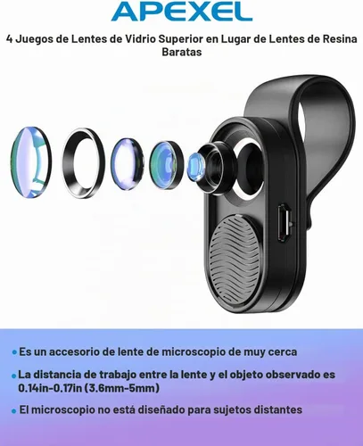Vista 2 de APEXEL Microscopio de teléfono, microscopio de bolsillo, lente de cámara para iPhone, microscopio 100X con clip universal para todos los teléfonos