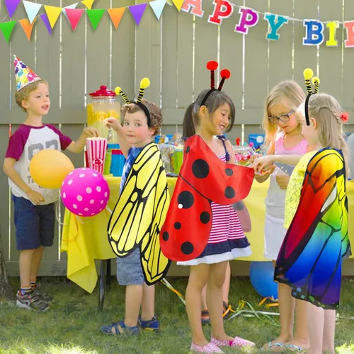 Vista 4 de Creatoy Alas de mariposa de hadas para niños y niñas, disfraz de alas de mariquita, alas de abeja con diadema de insectos, disfraz de niños, fiesta