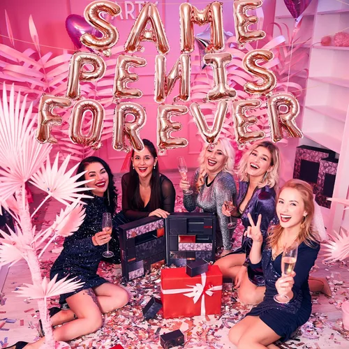 Vista 3 de Globos colgantes de 16 pulgadas con texto en inglés "Same Forever", globos de letras de aluminio de oro rosa para bodas, despedidas de soltera