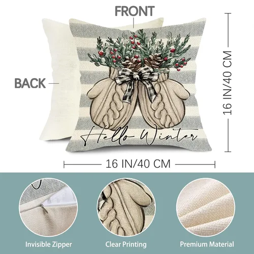 Vista 3 de Hello Winter Mitten - Funda de almohada decorativa gris de 16 x 16 pulgadas, guante, bayas rojas, rayas grises, porche, decoración del hogar al aire