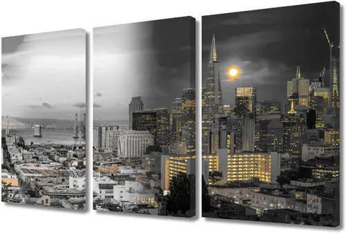 Vista 91 de TUMOVO 3 paneles de paisaje urbano en blanco y negro de Estados Unidos, arte de pared, famoso puente Golden Gate, San Francisco por la noche