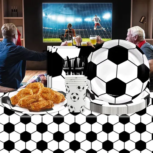 Vista 5 de Juego de vajilla de 146 piezas para fiesta de fútbol, platos y servilletas de fútbol, suministros para fiesta, decoración de fiesta de cumpleaños