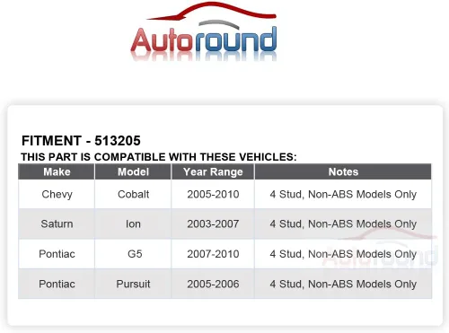 Vista 2 de Autoround Conjunto de buje y rodamiento de rueda delantera de 4 pernos sin ABS 513205 compatible con Chevy Cobalt 2005-2010, Saturn Ion 2003-2007