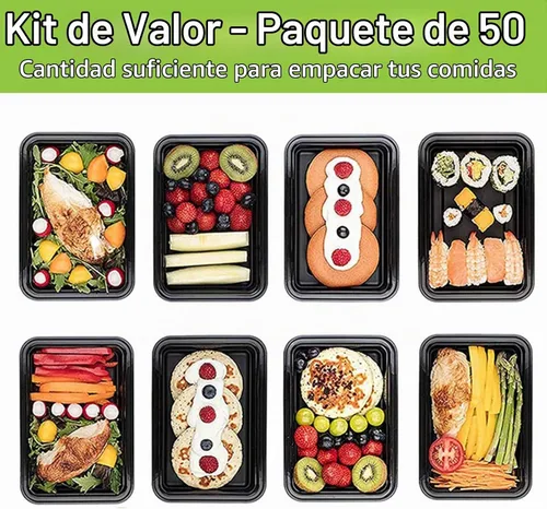 Vista 4 de AIFUSI Paquete de 50 recipientes para preparación de comidas, lonchera desechable, recipientes lavables con tapas, caja Bento de plástico