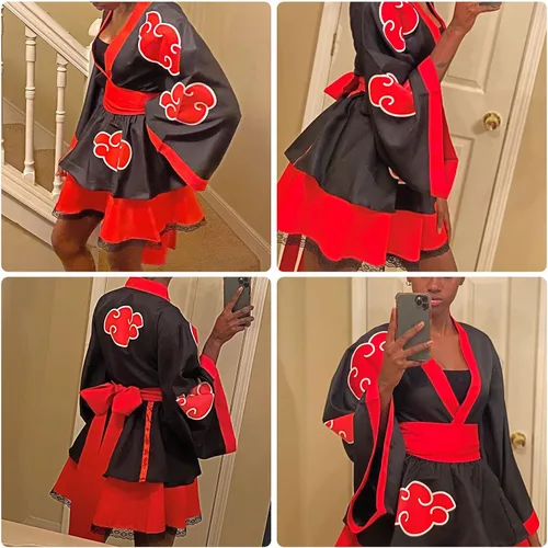 Vista 5 de Vestido kimono de anime ninja para Halloween, disfraz de cosplay, disfraz de uniforme para mujer, color rojo