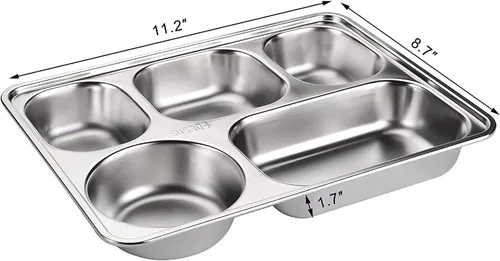 Vista 4 de Platos de porciones divididas irrompibles – Fiambrera de acero inoxidable bandeja dividida con 5 secciones divididas bandeja de cafetería