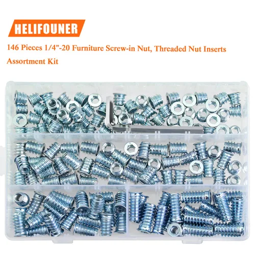 Vista 5 de Insertos roscados de 1/4-20, insertos de madera, insertos roscados de acero para tornillo de muebles de madera, kit de 145 piezas de insertos