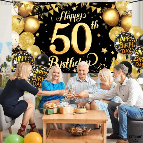 Vista 8 de KatchOn, Fondo de feliz cumpleaños 50, grande, 72 x 44 pulgadas, decoraciones de cumpleaños 50 negro y dorado Cartel de feliz cumpleaños 50