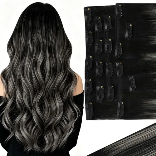 Vista 36 de Ve Sunny Extensiones de cabello clip-in de cabello humano real con reflejos, extensiones de cabello con clip para cabello corto, marrón oscuro