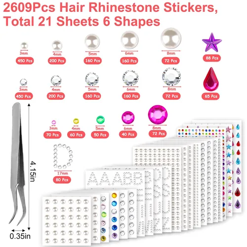 Vista 3 de XANGNIER - 2609 gemas para el cabello para niñas y mujeres, autoadhesivas, 6 formas de 0.12 a 0.315 pulgadas