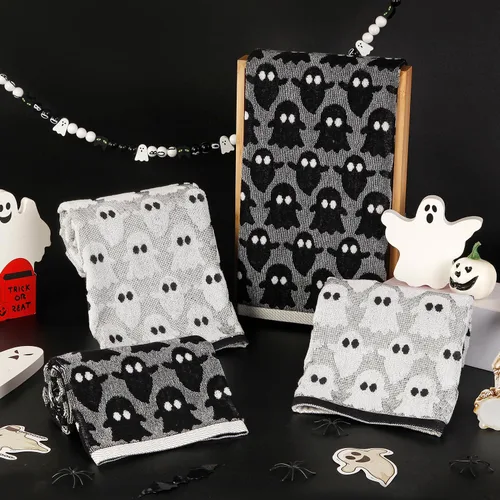 Vista 4 de Quera Paquete de 2 toallas de mano de Halloween, fantasma, color blanco y negro, juego de toallas decorativas para baño, para secar, limpiar