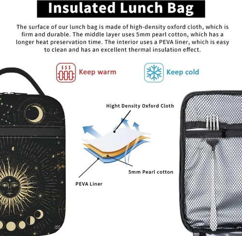Vista 4 de Sun and Moon Mystic Goth Witchy Fiambrera reutilizable con aislamiento, bolsa de almuerzo térmica para niños, niñas, escuela, hombres, mujeres