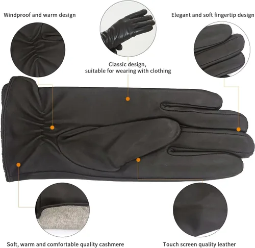 Vista 3 de ZLUXURQ Guantes de cuero suave italiano de lujo para mujer, guantes de piel de oveja genuina para mujer, guantes de clima frío con forro de cachemira