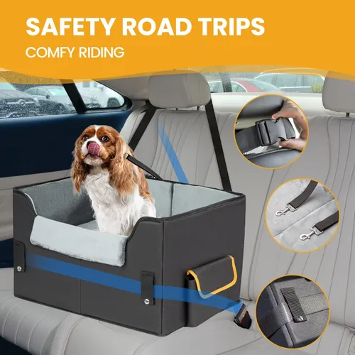 Vista 4 de Asiento elevado de coche para perros pequeños, asiento elevado para perros y mascotas, cama transportadora de viaje para automóvil con correas