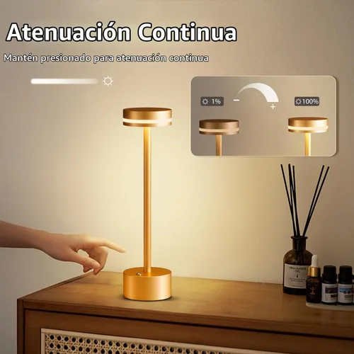 Vista 4 de Lámpara de mesa inalámbrica recargable dorada moderna, lámpara táctil de aluminio y batería operada de 4000mAh, lámparas de mesa LED de 3000K