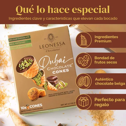 Vista 6 de Leonessa Conos de Chocolate Dubai con Pistacho Kunafa Hechos con Chocolates Belgas Premium Chocolate Kunafa Chocolates de Dubai - 4,7 oz
