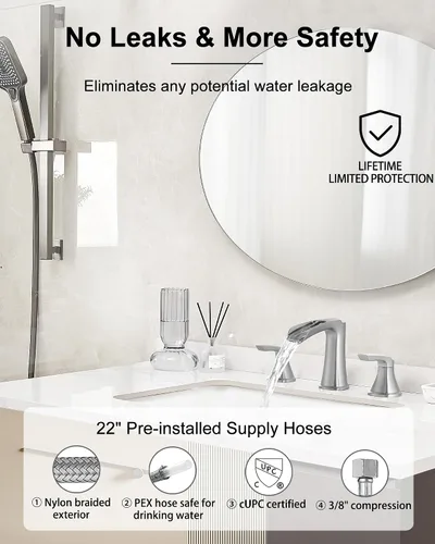 Vista 6 de Grifos de baño de níquel cepillado, grifo de cascada generalizado de latón para fregadero de baño, grifo de fregadero de baño de 3 agujeros, grifos