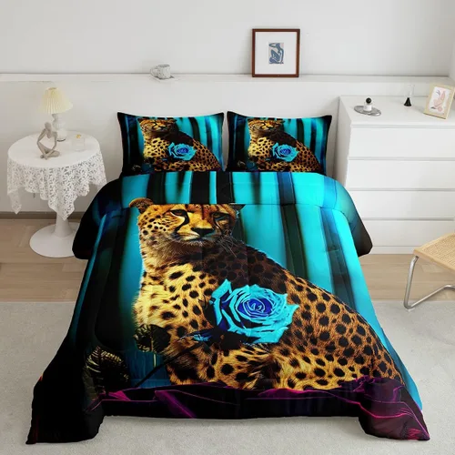 Vista 16 de Erosebridal Juego de ropa de cama de guepardo con rosa azul, juego de edredón con estampado de leopardo y gato, edredón romántico de plumón