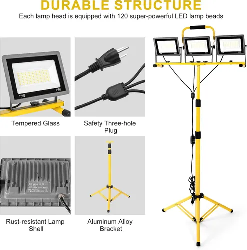 Vista 4 de Luces de trabajo de color 3 en 1 con soporte, luz de trabajo LED de cabeza de 22500 lm, con soporte de trípode ajustable y plegable, lámpara