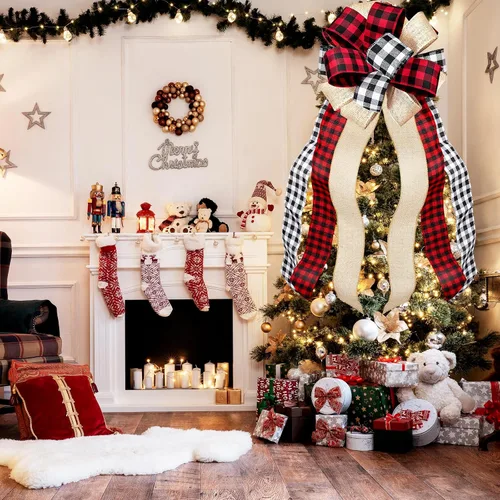Vista 8 de Decoración para árbol de Navidad, diseño de búfalo grande, arpillera roja y negra, lazo de regalo para árbol de Navidad, decoración de fiesta