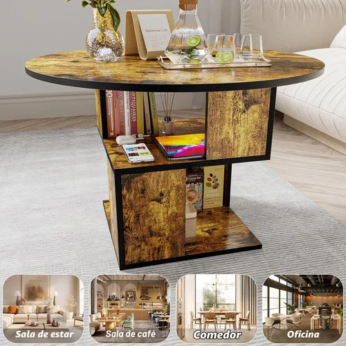 Vista 6 de Elephance Mesa de centro redonda con almacenamiento, mesa de centro de 3 niveles para sala de estar, mesa de madera marrón caramelo con marco negro
